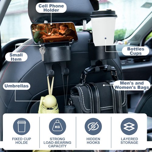 weottfiy 2 Pcs Multifunctional Car Purse Hook for Cup and Cell Phone, Purse Hook for Car, Purse Holder for Car Fits Universal Vehicle Storage Organizer