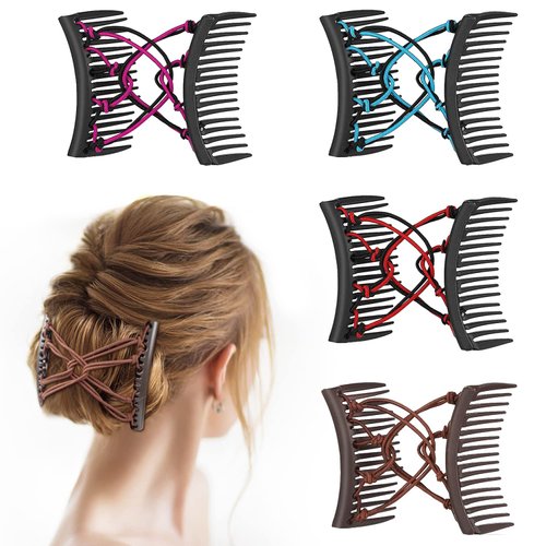 4 Pieces Magic Hair Combs for Women Accessories, Stretchy Double Comb Hair Clip Adjustable Elastic Hair Comb for Thick Curly Thin Hair, Adjustable Magic Hair Clip Combs (Blue, Coffee, Red, Rose Red)