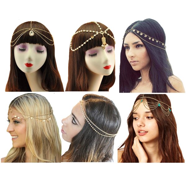 Gold Head Chain Pearl Sequins Rhinestone Headband Crystal Bohemian Hair Bands Halloween Hair Hoop Women Boho Hippie Hairband Party Decoration Cosplay Costume Handmade Headpiece Hair Jewelry 6 Pack
