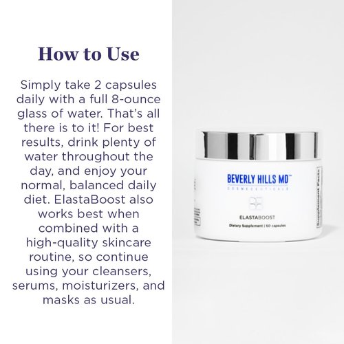 Beverly Hills MD Elastaboost Dietary Supplements for Aging Skin- Elastin Supporting Formula for Lifted, Firmer, Skin w/Hydrolyzed Elastin, Hyaluronic Acid, Vitamin C, Phytoceramides (60 Capsules)
