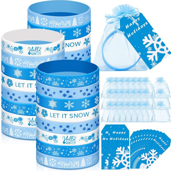 Liliful 24 Set Winter Snowflake Party Favors, Blue Christmas Snowflake Silicone Wristbands with Cards and Organza Bags for Blue Xmas Goody Bag Filler Snowflake Party Favors Christmas Classroom Gifts