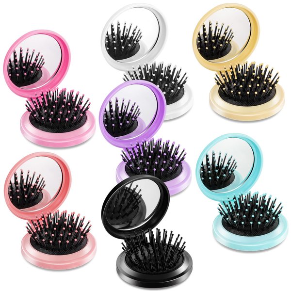 21 Pcs Travel Mirror Hair Brushes Folding Pocket Hair Brush with Mini Makeup Mirror Round Mini Hair Comb for Travel Men Women and Girls (7 Colors)