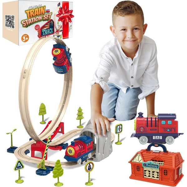Train Set for Toddlers 2-4 Railway Station with Train, Crane, Bridge & Signs - Montessori Educational Toy for Boys & Girls, Toddler Toys for Ages 3-5, Trains for Toddlers 3-5
