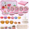 Tea Party Set for Little Girls,PRE-WORLD Princess Tea Time Toy Including Dessert,Cookies,Doughnut,Teapot Tray Cake, Tablecloth & Carrying Case,Kids Kitchen Pretend Play for Girls Boys Age 3-6