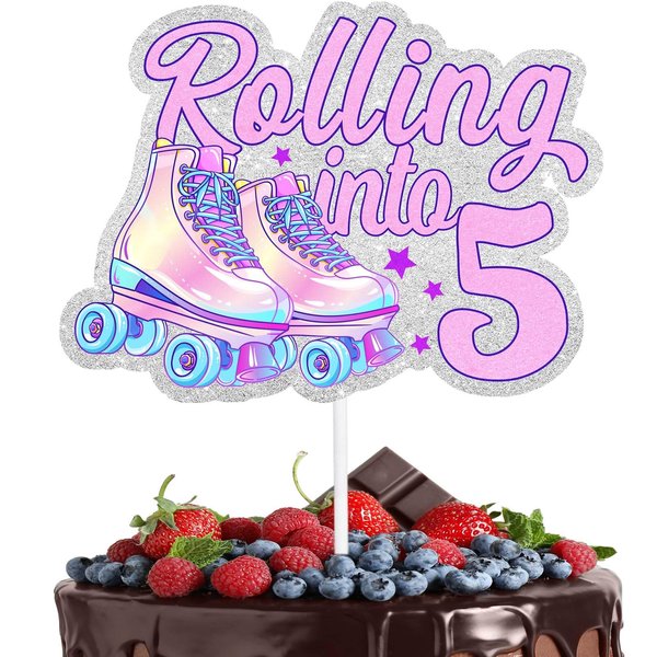 7pcs Roller Skate Cake Topper 5th Birthday Happy 70s 80s 90s Roll Into Decorations,Neon Rock Party,Boy and Girl Birthday Party Hippie Disco Decoration,Birthday Gift for Kids. LIANGSS
