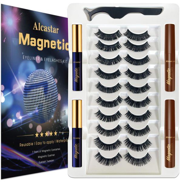 Alcastar Magnetic Eyelashes with Eyeliner,Magnetic Lashes Natural Looking with Eyeliner, Strongest Waterproof Liquid Liner,Lasting,Cruelty Free.（2 black+2brown)