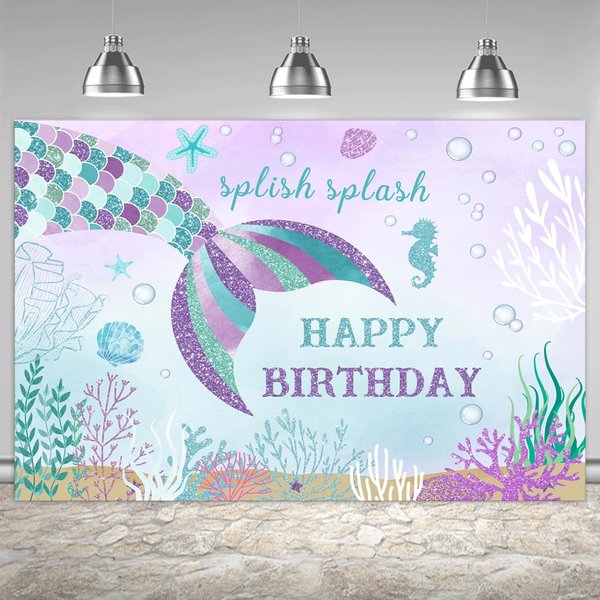Lofaris 6x4ft Mermaid Happy Birthday Backdrop Fish Tail Theme Background for Kids Girl Under The Sea Splish Splash Oneder The Sea 1st Bday Photography Party Decoration Purple Banner Supplies