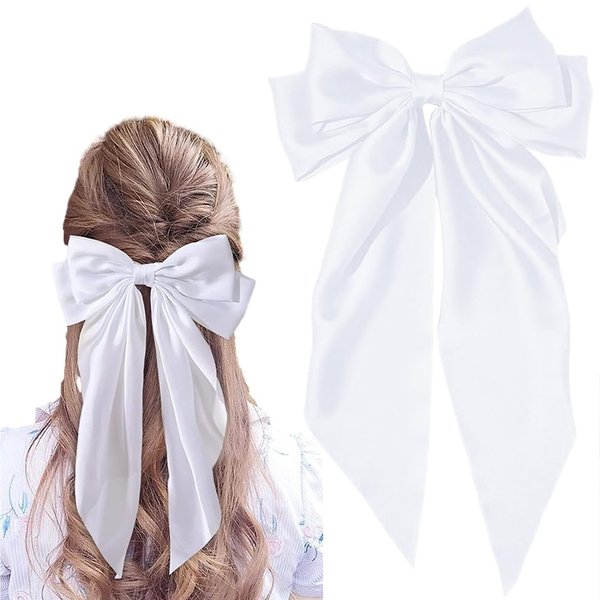 TULOBI Big Bow Barrettes Long Tail French Hair Bow Silky Satin Metal Hair Clip Hair Bowknot Clips Accessories for Women Girls (White 1pc)