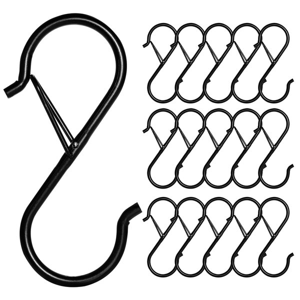 FSAH 17 Pcs S Hooks for Hanging Safety Buckle, 3.5 Inch Stainless Steel S Shaped Locking Hooks for Colleague Dorm, Kitchen, Plants Pots Towels Bags, Black