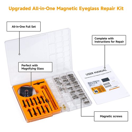 Upgraded All-in-One Magnetic Eyeglass Repair kit with Magnifying Glass, Repair Tool Kit with 12 interchangeable Screwdriver Bits, Nose Pads, Screws and Tweezer for Eyeglass, Sunglass, Watch, Laptop