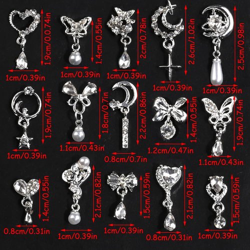 15 Pcs Alloy Metal Silver Heart Bow Nail Rhinestones Nail Charms Y2K,Star Moon Pendant Tassels Pearl Crystals Nail Decorations Charms For Nails 3D Shiny Butterfly Nail Charm For Nail Supplies Nail Art