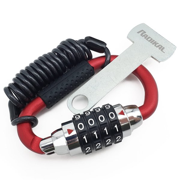 RADIKAL RK540R Motorcycle Helmet Lock, Multifunction Steel Cable, T Bar Extension Adapter, High Security Pin 4-Digit Combination Carabiner Lock Anti Theft Motorbike Bicycle Jacket Luggage Bag