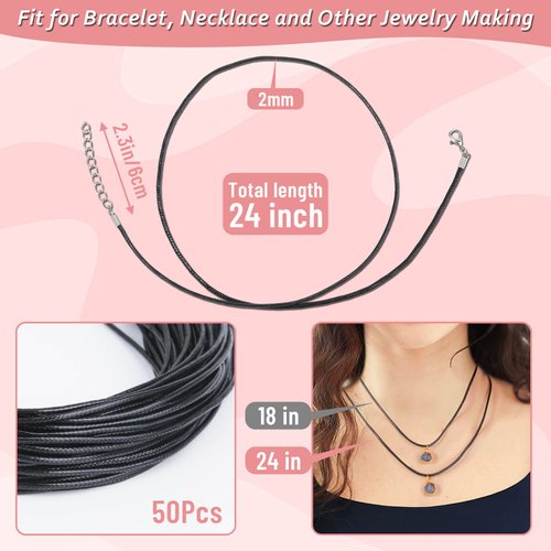 Necklace Cord, Paxcoo 50Pcs Black Necklace String Rope with Clasp, 24 Inch Black Waxed Cotton Cord Necklace Bulk for Charms Pendants, Bracelets, Necklaces, Jewelry Making Supplies and Beading Supplies