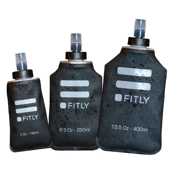 FITLY Soft Flask 3 Pack - 5 oz (150 ml), 8.5oz (250ml), & 13.5oz (400ml) - Shrink As You Drink Soft Water Bottle for Hydration Pack - Folding Water Bottle For Running & Hiking - Running Water Bottle