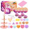 Auney Tea Party Set Toys for Girls, Tin Unicorn Tea Set Pretend Play Girls Toys Gifts for Little Girls Age 3-6, Kids Girls Toys Gifts for Tea Party Including Tea Set Carrying Case (New Unicorn)