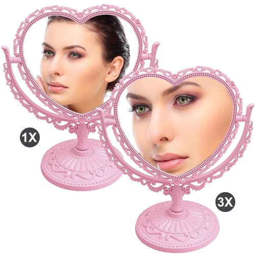 XPXKJ 7Inch Heart Shaped Mirror, 360°Two-Sided Magnifying Aesthetic Mirror, Coquette Room Decor Vanity Mirror for Desk,3X Magnification Bathroom Mirror Bedroom Mirror (Pink Heart Mirror)