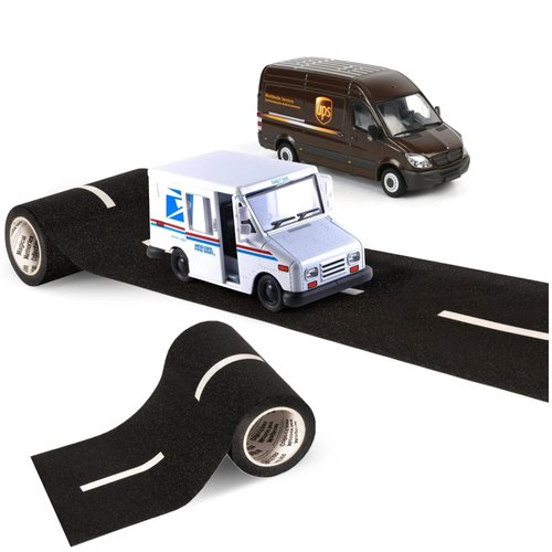 Road Tape Diecast Toy Trucks Set- Reusable, Realistic Road Tape, UPS Sprinter Van, and United States Postal Mail Truck- Pullback Truck Toys with Detailed Interior, Moveable Openable Door
