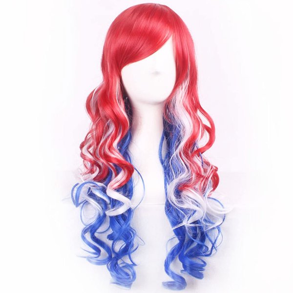 BERON Long Wavy Wigs for Women with Bangs 4th of July Cosplay Costume Anime Hair Wigs (Red White Blue Mixed)