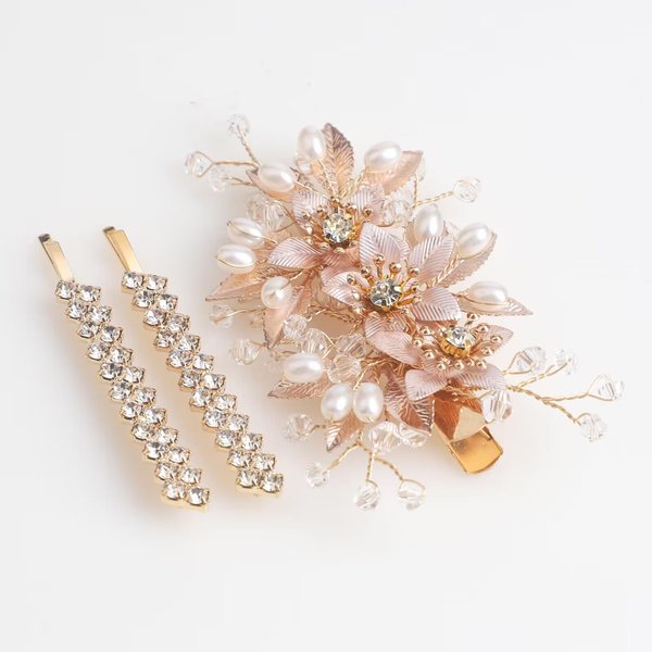 Sppry Wedding Hair Clips Set of 3 PCS - Floral Rhinestone Pearl Hair Accessories for Bridal Women (Gold)
