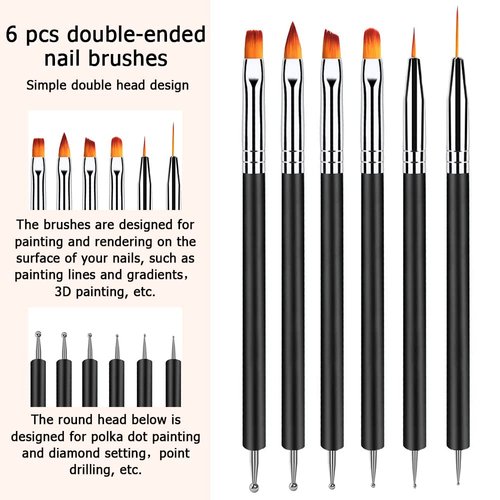Lofuanna Nail Art Brush Set,6pcs Double Ended Fine Nail Liner Brush Dotting Pen Painting Tools with Nail Extension Gel Brush, Builder Gel Brush, Nail Art Liner Brush, Nail Dotting Pen for DIY Manicure