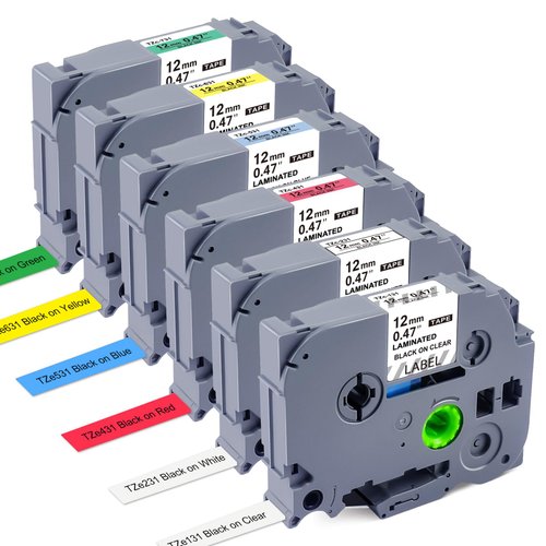 6 Pack Replacement for Brother P Touch Label Maker Tape, TZe Tz Tape 12mm 0.47 Laminated White/Clear/Red/Yellow/Blue/Green Use for Brother P-Touch Label Maker PT-D210 PT-H110 PT-D220 D400AD