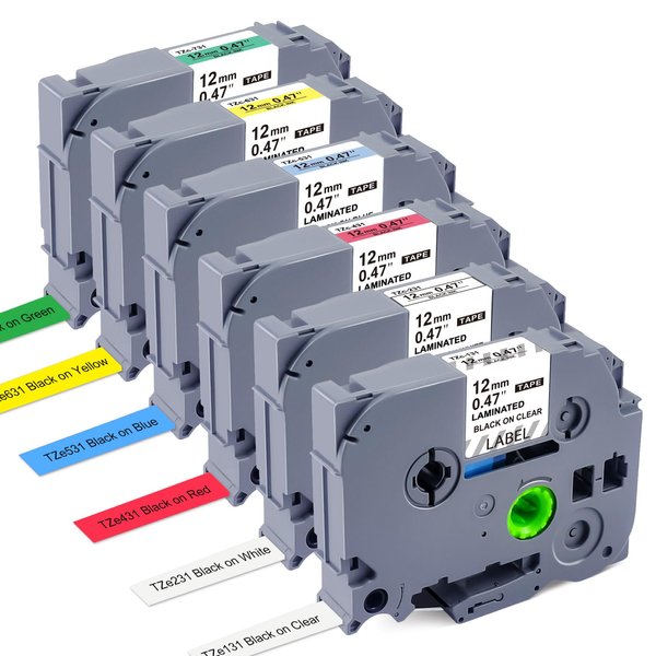 6 Pack Replacement for Brother P Touch Label Maker Tape, TZe Tz Tape 12mm 0.47 Laminated White/Clear/Red/Yellow/Blue/Green Use for Brother P-Touch Label Maker PT-D210 PT-H110 PT-D220 D400AD