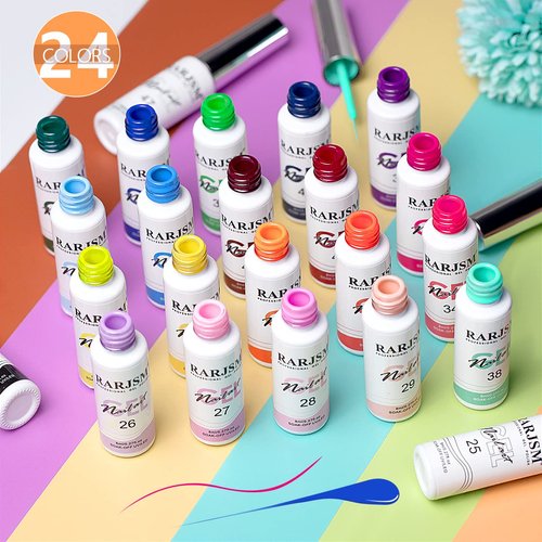 RARJSM Nail Art Gel Liner 24 Color Line Art Painted Gel Nail Polish Set Pink Blue Green Silver Gold Glitter for Nails Painting Drawing Soak Off UV LED Curing Requires Bulid in Thin Nail Art Brush