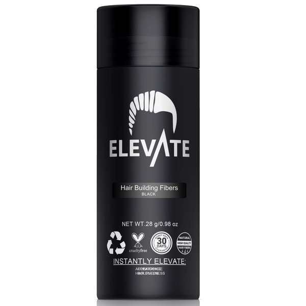 ELEVATE Hair Fibers for Thinning Hair (BLACK) 100% Natural & Undetectable Keratin Hair Fibers to Instantly Thicken Thinning & Balding Hair in 30 sec for Men & Women - Natural Hair Loss Concealer 28g