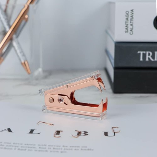 Rose Gold Staples Remover 1 Pack Clear Acrylic Body Steel Jaws Staple Puller Removal Tool for Dress Up Home Office School Desk Accessories Gift (1 Pack, Rose Gold)
