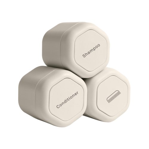 Cadence Travel Containers - Haircare Set - Magnetic Travel Capsules - For Shampoo, Conditioner, Hair Styling Product - 3 Flex Mediums (1.32oz) with Shampoo, Conditioner & Comb Icon Labels - Sand
