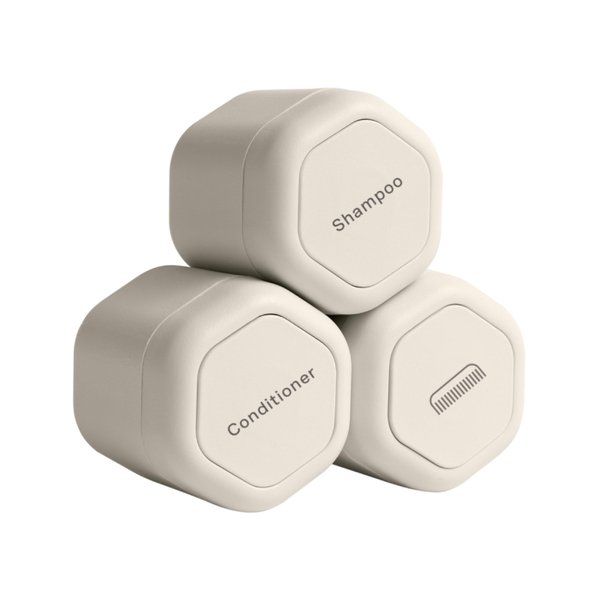 Cadence Travel Containers - Haircare Set - Magnetic Travel Capsules - For Shampoo, Conditioner, Hair Styling Product - 3 Flex Mediums (1.32oz) with Shampoo, Conditioner & Comb Icon Labels - Sand