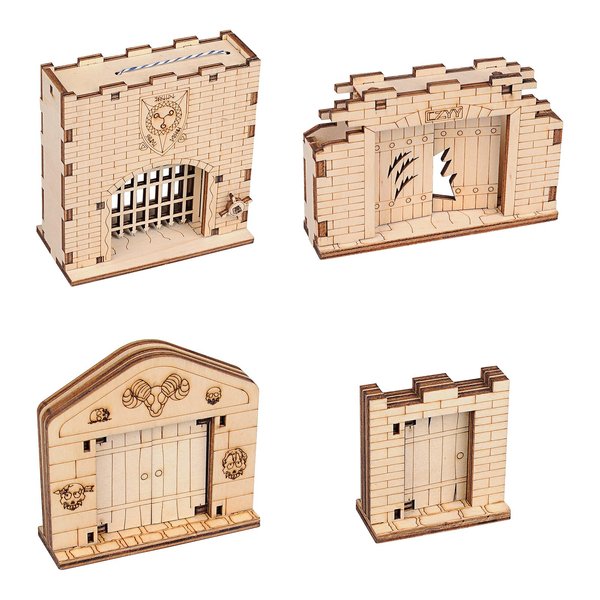 Dungeon Door & Portcullis Gate Miniatures (Set of 4) Wooden Laser Cut Open and Closed Fantasy Terrain 28mm Scale for Dungeons & Dragons, Pathfinder, D&D and Other Tabletop RPG