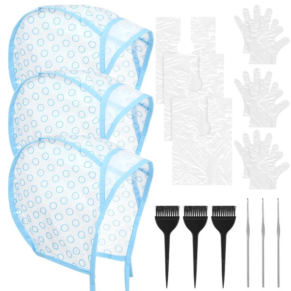 Highlighting Cap 3 Sets Hair Highlighting Kit Includes Highlight Caps for Hair, Hair Highlighting Crochet Hooks, Dye Brushes, Gloves,Hair Dye Shawl,for Salon Hair Dyeing Hairdressing (Blue)