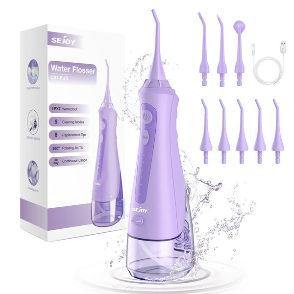 Sejoy Water Flossers for Teeth Cleaning, Water Flosser for Teeth Rechargeable Cordless, Electric Portable, 5 Cleaning Modes 8 Jet Tips, IPX7 Waterproof, 230ml, for Travel and Home