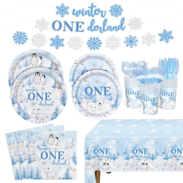 170pcs Winter Onederland Party Plates Napkins Winter Onederland 1st Birthday Boy Decorations Tablecloth Banner Penguin Party Tableware for Boys Girls 1st Birthday Party Serve 24 Guests