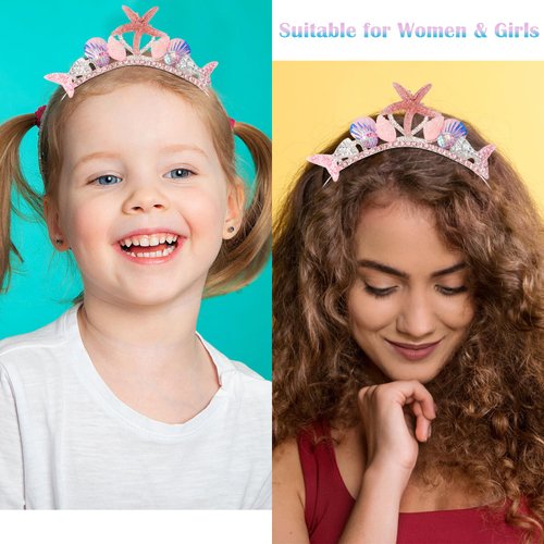 Atoden Mermaid Birthday Decorations Pink Birthday Headband and Sash Little Mermaid Birthday Outfit Princess Tiara Crown Starfish Seashell Mermaid Tail Headpiece Birthday Accessories for Women Girls