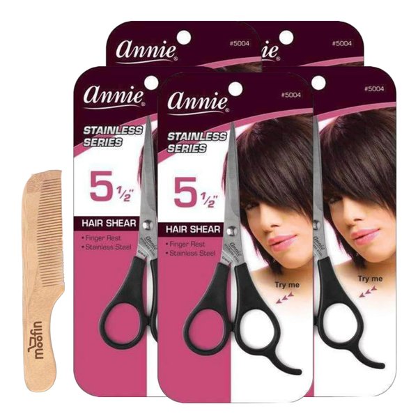 Annie Scissors Scissors 5 1/2" - Durable Hair Shears with Moofin Wooden Comb, Stainless Steel for Professional Hair Styling, Ergonomic Design with Finger Rest, Easy Clean, No Split Ends (Pack of 5)