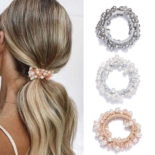 Fashey Pearl Hair Ties Elastic Hair Bands Crystal Ponytail Holder Hair Bead Scrunchies Hair Accessories for Women and Girls（Pack of 3） (Type B)