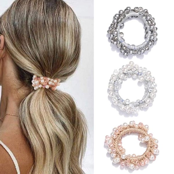 Fashey Pearl Hair Ties Elastic Hair Bands Crystal Ponytail Holder Hair Bead Scrunchies Hair Accessories for Women and Girls（Pack of 3） (Type B)