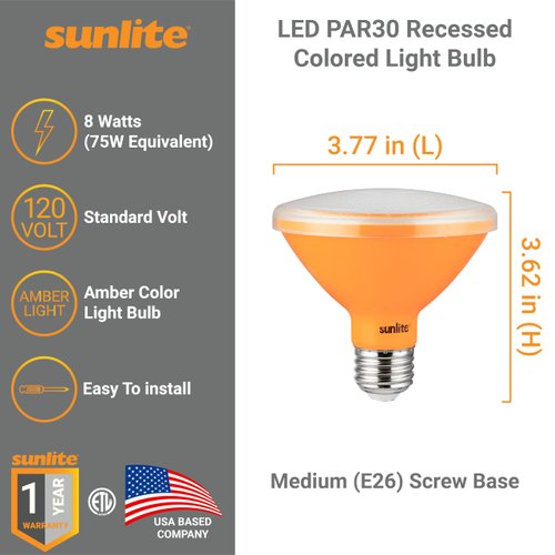 Sunlite LED PAR30 Short Neck Colored Recessed Light Bulb, 8 Watt (75W Equivalent), Medium (E26) Base, Floodlight, ETL Listed, Amber, 3 Count