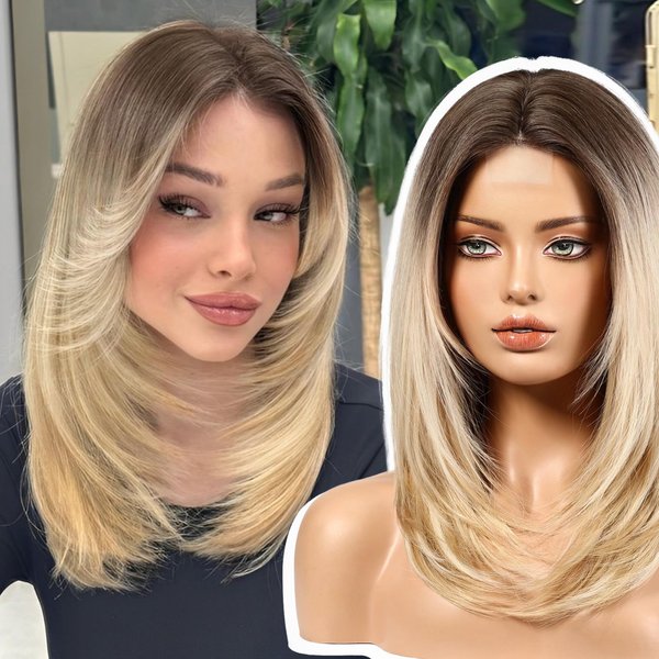 EMMOR Short Layered Wigs,Natural Medium Length Central Lace Layered Wigs, Premium Heat-Resistant Synthetic Straight Wigs for Women Daily Use(Ombre Light Blonde)