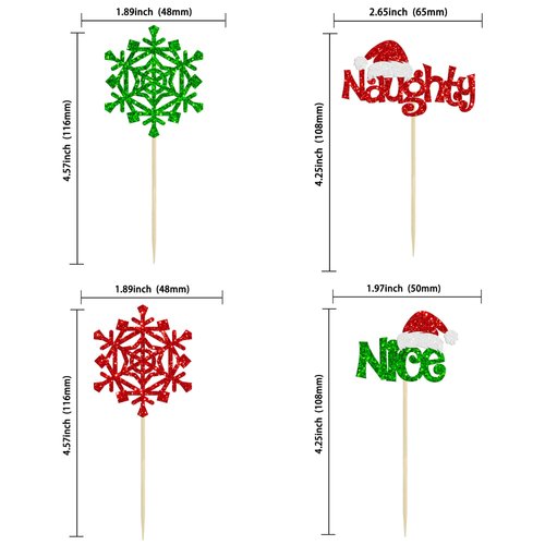 Gyufise 24Pcs Naughty Or Nice Cupcake Toppers Red Green Glitter Christmas Cupcake Pick Decorations for Merry Christmas Theme Birthday Baby Shower Party Happy New Year Party Supplies