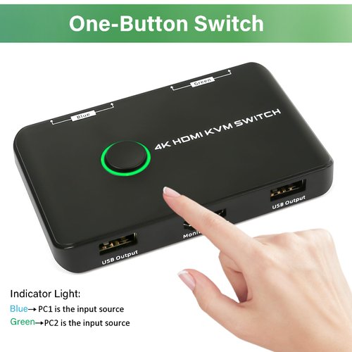 4K@60Hz KVM Switch HDMI 2 Port, USB HDMI Switch Selector for 2 Computers Sharing Mouse, Keyboard and Monitor, Including 2 USB Cables and 2 HDMI Cable