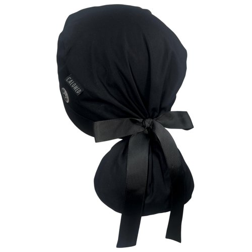 CALOMED Scrub Cap for Women and Men, Ponytail Scrub Caps, Working Hat, Head Cover with Ribbon Ties and Buttons, Long Hair (Plain Black)