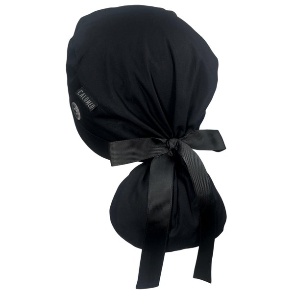 CALOMED Scrub Cap for Women and Men, Ponytail Scrub Caps, Working Hat, Head Cover with Ribbon Ties and Buttons, Long Hair (Plain Black)