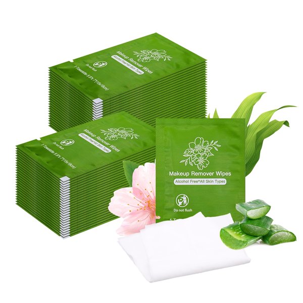 Makeup Remover Wipes Bulk Individually Wrapped,Travel Makeup Wipes Individual Makeup Remover Wipes Bulk Gentle Cleansing Makeup Remover Wipes for Face Cleansing Mascara Lipstick Travel (50, Aloe Vera)