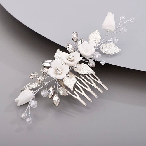Chargances Wedding White Flower Rhinestone Hair Comb Bridal Silver Leaf Hair Side Comb Fashion Crystal Handmade Headpiece Hair Accessories for Women and Girls (Silver)