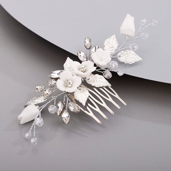 Chargances Wedding White Flower Rhinestone Hair Comb Bridal Silver Leaf Hair Side Comb Fashion Crystal Handmade Headpiece Hair Accessories for Women and Girls (Silver)