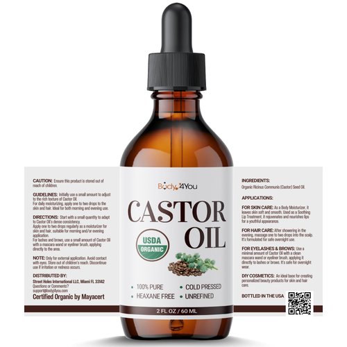 BodyJ4You Organic Castor Oil - Pure 100% USDA Certified Cold Pressed - Natural Hair Growth Eyelashes Eyebrows - Rich Hydration Healthy Skin Moisturizer Lash Serum Brow - 2 Fl Oz