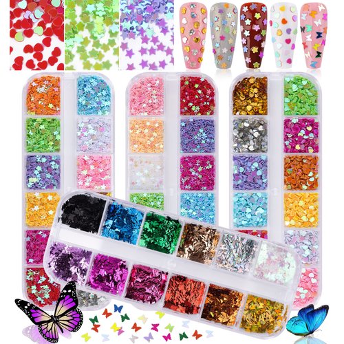 Kalolary 4boxes Butterfly Heart Shape Nail Art Glitter Sequins, Laser Holographic 3D Thin Star Heart Butterfly Plum Blossom Glitter for Valentine's Day Nail Art Decoration Resin Mold DIY